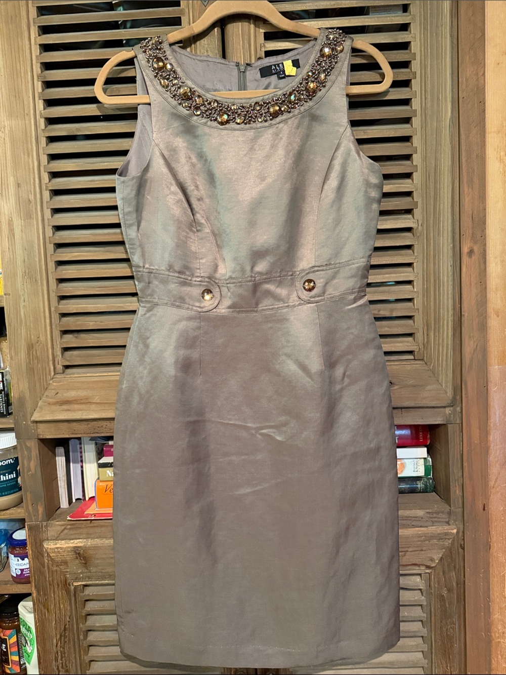 Alex Marie Taupe Beaded Neck Midi Sheath Dress